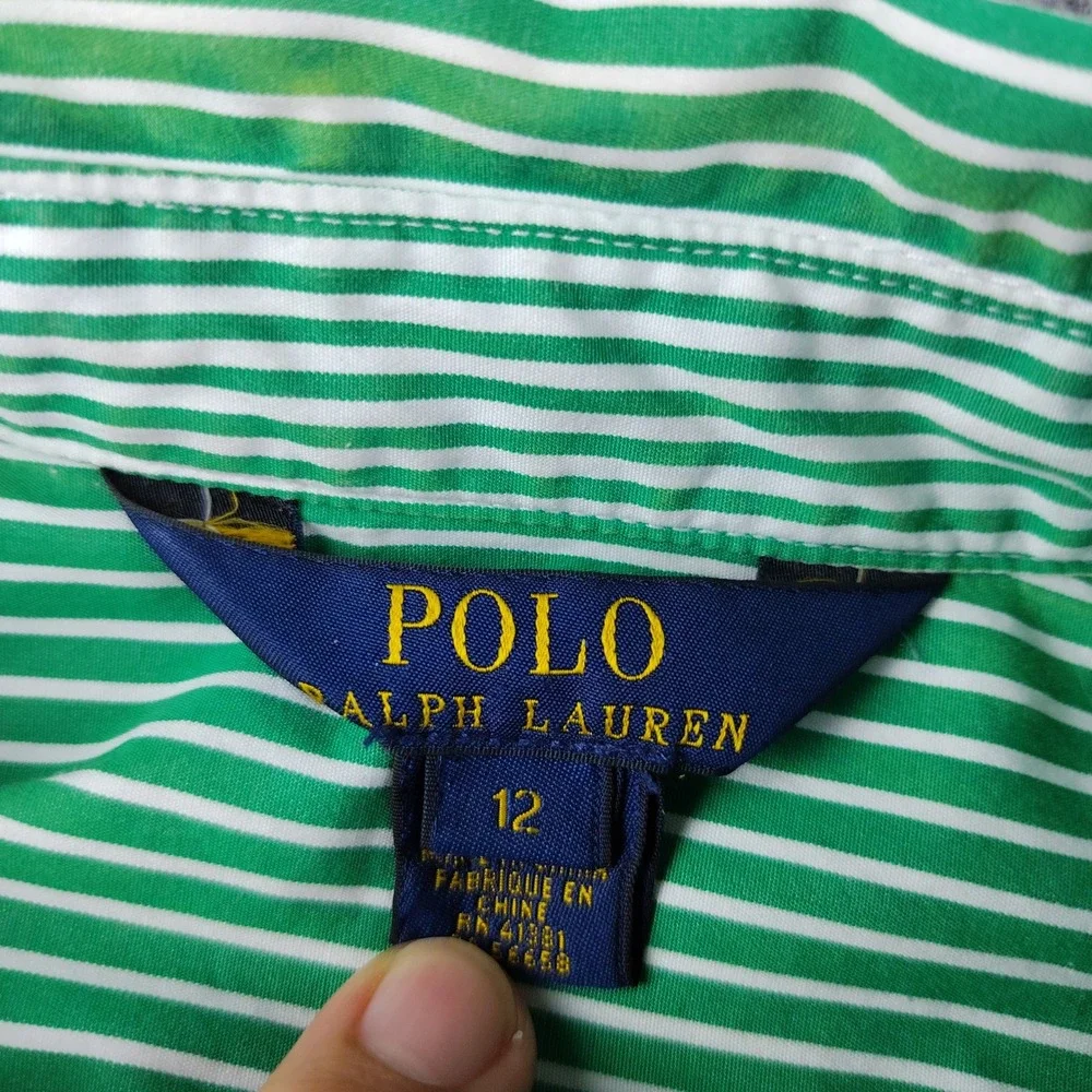 Polo Ralph Lauren Girls Green White Striped Button Down Shirt Dress Size 12